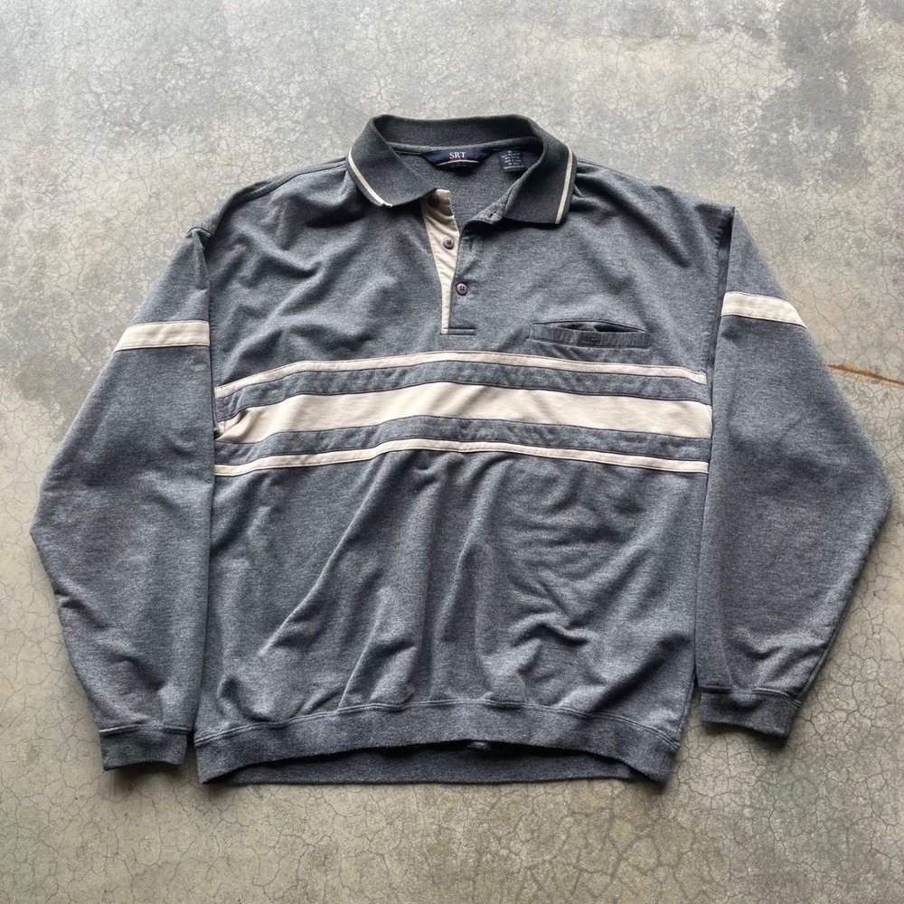 Vintage SRT Mens XL Gray Striped Long Sleeve Polo Sweatshirt Pullover Pocket